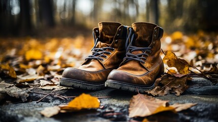 Hiking boots in autumn forest made with Ai generative technology