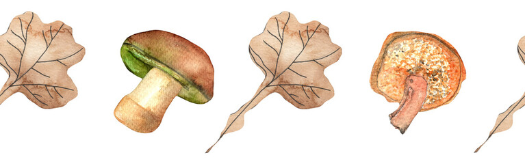 Border yellow leaves trees and mushrooms, foliage of natural branches, yellow leaves, herbs, mushrooms hand drawn watercolor on white background.
