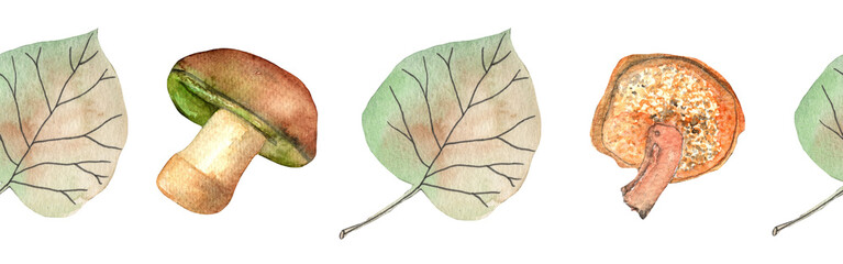 Border yellow leaves trees and mushrooms, foliage of natural branches, yellow leaves, herbs, mushrooms hand drawn watercolor on white background.