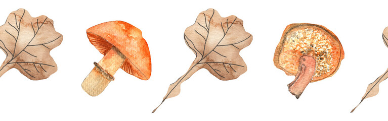 Border yellow leaves trees and mushrooms, foliage of natural branches, yellow leaves, herbs, mushrooms hand drawn watercolor on white background.