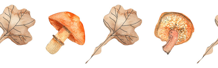Border yellow leaves trees and mushrooms, foliage of natural branches, yellow leaves, herbs, mushrooms hand drawn watercolor on white background.
