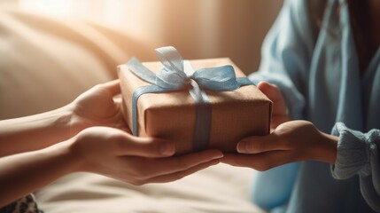 Person hand giving the gift with blur background  - obrazy, fototapety, plakaty