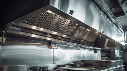 A raw photo of a commercial kitchen hood, best quality, certification sticker on front
