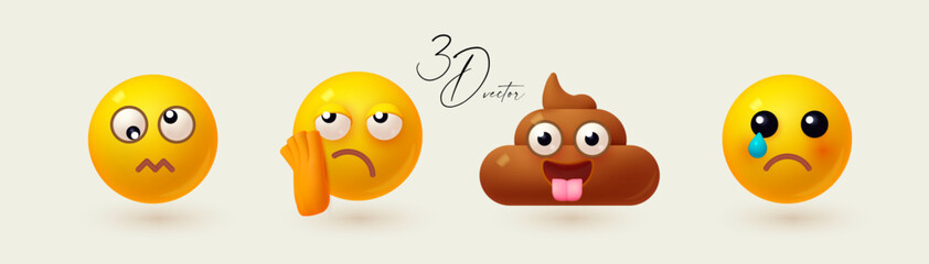Yellow ball with face set. Emotion expression collection. Sadness, irritation, poop,
