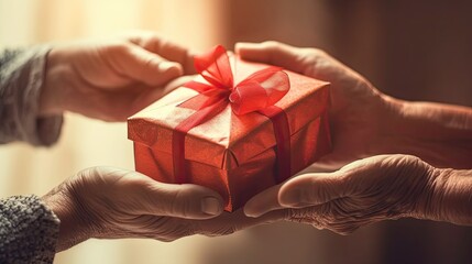 Person hand giving the gift with blur background 