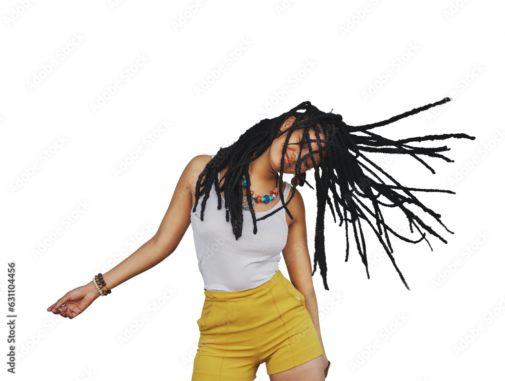 Poster Happy, dance and woman with dreadlocks hair isolated on a transparent png background. Smile, freedom and African person with braids, energy for moving to rhythm of music and celebration of party