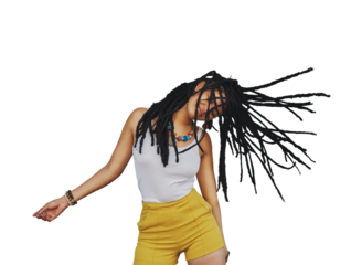 Happy, dance and woman with dreadlocks hair isolated on a transparent png background. Smile, freedom and African person with braids, energy for moving to rhythm of music and celebration of party
