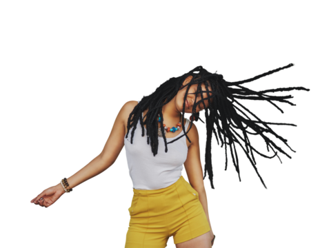 Happy, dance and woman with dreadlocks hair isolated on a transparent png background. Smile, freedom and African person with braids, energy for moving to rhythm of music and celebration of party