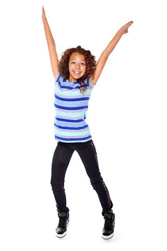 Excited, child and girl with arms raised in celebration, motivation or winner in victory on transparent, isolated or png background. Success, achievement or portrait of happiness or kid winning dance