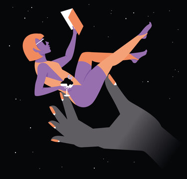 Dreamy woman reading a book in the universe