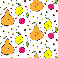 Colored vector pattern of their lemon, pear and cherry on a white background