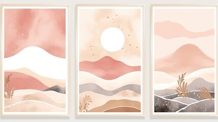 Abstract pastel beige watercolor landscapes with mountains.
