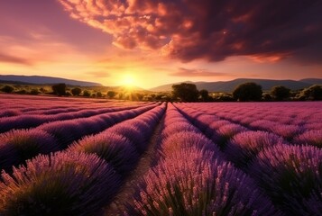 Stunning landscape with lavender field at sunset. Generative AI.