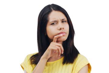 Portrait, doubt and thinking with a confused woman isolated on a transparent background for problem solving. Face, question and why with a young female person on PNG to consider a choice or option