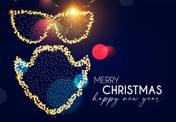 Merry Christmas and Happy New Yaer design template. Santa Claus beard with shining glasses. Christmas lights and bokeh effect.