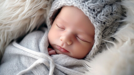 sleeping newborn baby laying on a fur blanket, wrapped in grey with a knitted hat