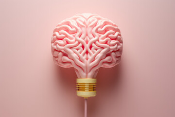 Human brain connected by wires to power grid isolated on flat background with copy space. Pink pastel color. Creative concept of artificial intelligence. 3d render illustration style. 