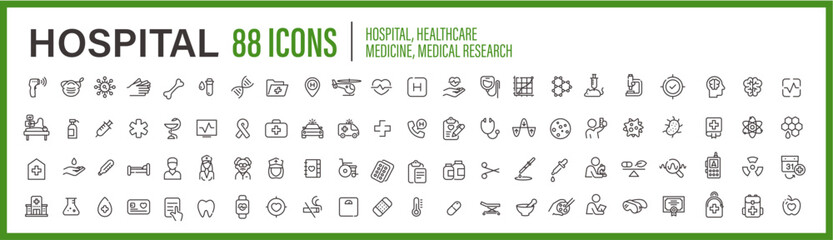 Fototapeta premium 88 icons collection about Hospital, Medicine, Medical research, Healthcare professionals, Doctors, Pharmacology, and Virology. Vector line icons.