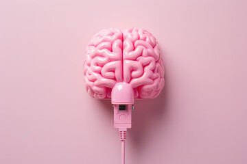 Human brain connected by wires to power grid isolated on flat background with copy space. Pink pastel color. Creative concept of artificial intelligence. 3d render illustration style. 