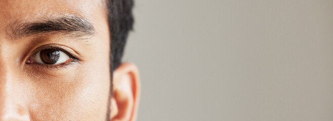 Eye banner, portrait and man for optometry, vision and mockup for healthcare advertising. Half...