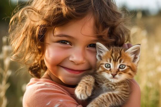 Generative AI image of funny little girl hugging with brown cat standing in street and looking at camera