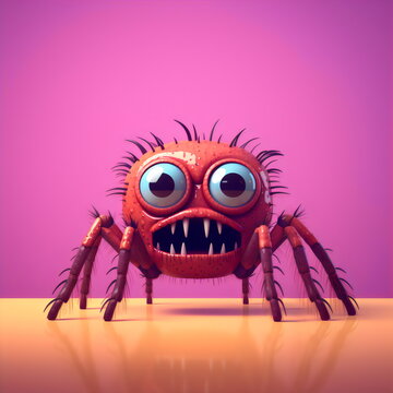cute red spider monster with sharp teeth and big eyes on pink and yellow background