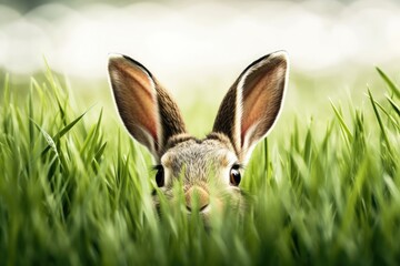 The Easter Bunny, who carries an Easter basket and eggs, hides at Easter behind blades of grass. Generative AI