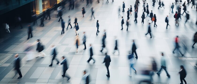 Top view Long exposure shot of modern office lobby with business people walking in fast movement, Generative AI