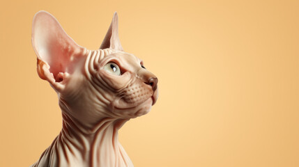A curious hairless cat with a vibrant yellow background