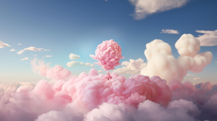 Generative AI, pink cotton candy hot air balloon flying through the blue sky, traveling around the world, ballooning, air transport, confectionery fantasy