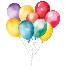  vibrant and bright Watercolor birthday balloon, yellow, red, green and purple colors for celebration