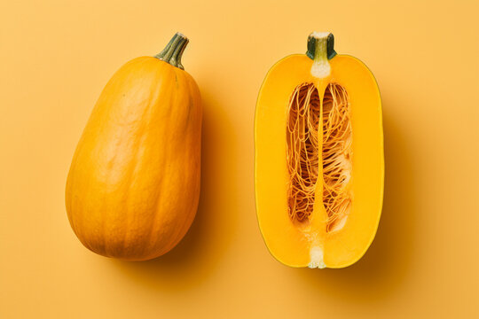 Top view of whole and halved spaghetti squash vegetable on orange background