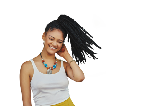 Happiness, whip hair and woman with dreadlocks isolated on a transparent png background. Freedom, natural braids and African person with smile, energy for dancing to music and celebration of party