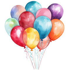 Watercolor birthday balloon, yellow, blue, green, purple orange colors for celebration, vibrant and bright