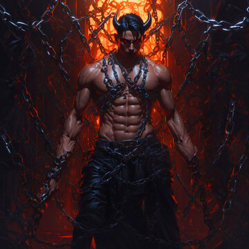 muscular male devil in chains, Lucifer, art, devil, demon