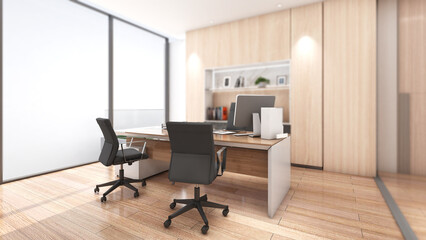 Naklejka na ściany i meble Manager room ,Company executive office Wooden floor, white walls and executive desk.,3d rendering