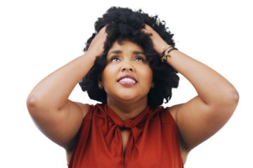 Frustrated, stress and problem by woman with a fail and isolated on a transparent png background. Mental health, mistake and African girl thinking of a crisis, fear and anxiety about an emergency