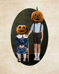 Creepy portrait of little girl and boy, siblings with pumpkin on head. Vintage style. Contemporary...