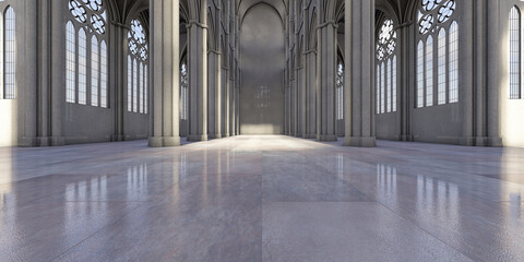 gothic cathedral empty without benches nobody 360° vr environmentr 3d render backplate - obrazy, fototapety, plakaty