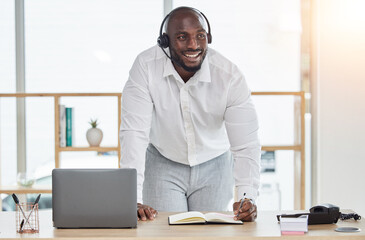 Man, call center and writing, thinking or planning communication, telemarketing sales and customer support. Notes, schedule and consultant or african person for virtual discussion, ideas and computer