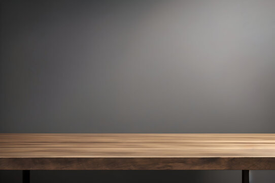 Background display, empty wooden table, and gray wall for product montage