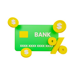 3D Render of a Credit Card with Percent icon and Coin. Discounted Prices Using a Credit Card Illustration Concept.