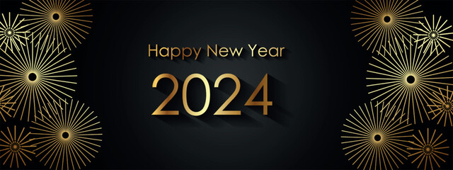 Happy New Year 2024 Elegant gold text with balloons and confetti. Realistic vector