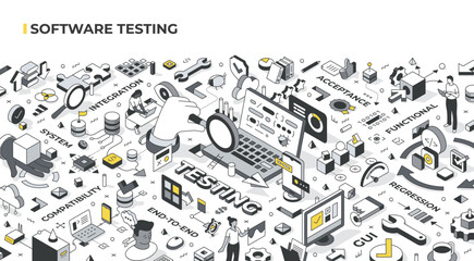 Software testing isometric illustration. The focus is on various types of testing such as compatibility, integration, end-to-end, gui, acceptance, functional, regression. Large detailed illustration