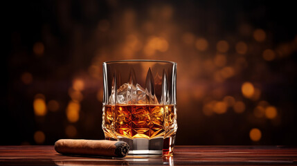 A classic pairing: whiskey and a cigar on a table - obrazy, fototapety, plakaty