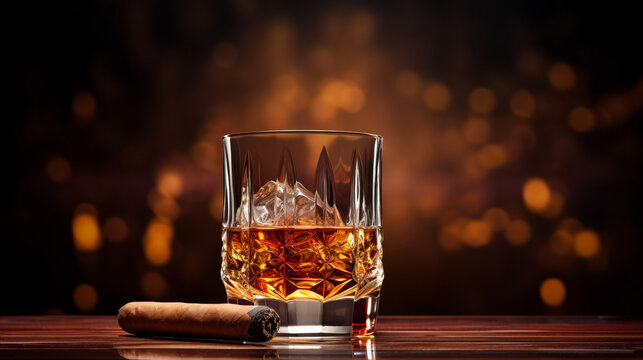 A classic pairing: whiskey and a cigar on a table