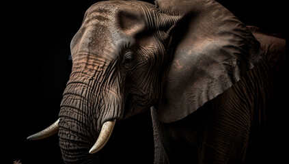 Elephant - power and majesty on black background, generative AI,