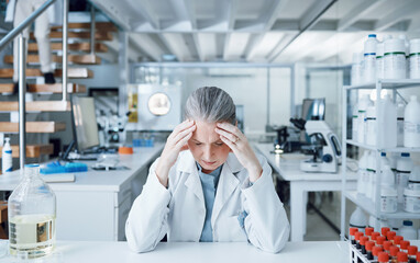 Fail, mistake and scientist with stress in a laboratory due to research crisis worried, anxiety and...