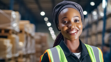 Smiling african american woman standing between racks in warehouse. Walks in the retail warehouse full of shelves with goods. Working in delivery, distribution center. Logistic import export concept. 