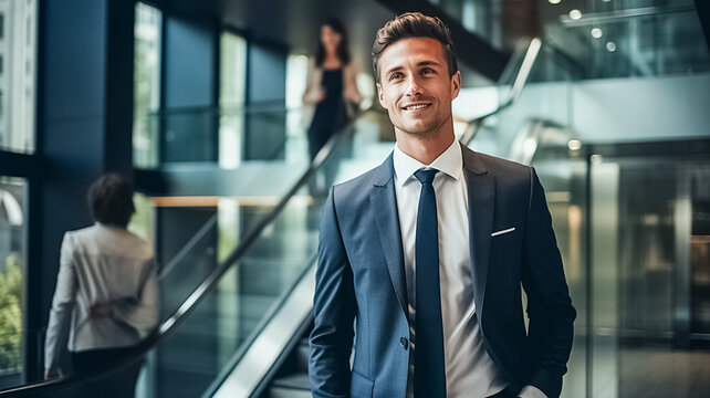 Portrait of a confident happy businessman wearing a casual suit, looking at camera. Successful experienced man working in diverse company office.
